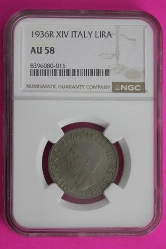 1936 R AU 58 XIV Italy Lira Silver Coin NGC Certified Authentic Graded Slab 663