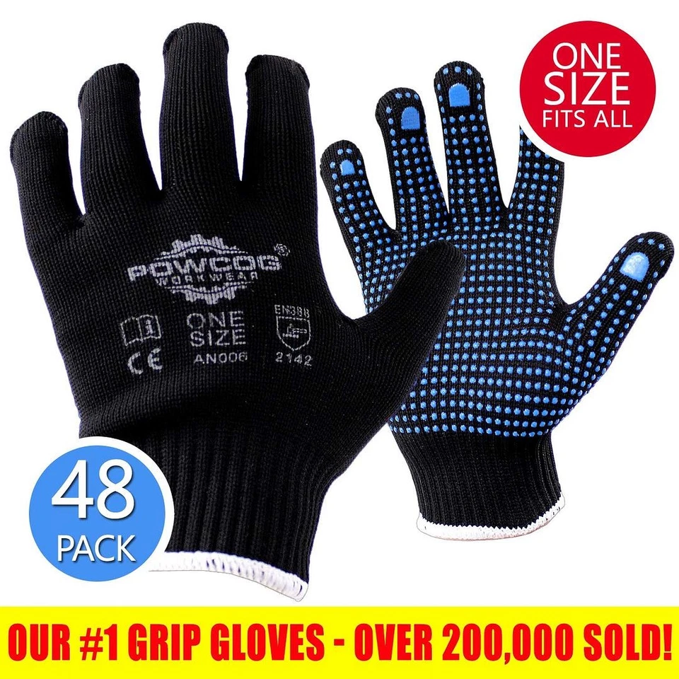48 PAIRS Work Grip Gloves Seamless Lightweight Black Nylon Blue PVC Dots POWCOG