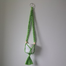 Macrame Plant Hanger, Lime Green, 23", Metal, Cotton, Wood Beads, Handmade