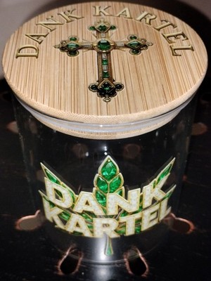 Dank Kartel Brand collectible round Glass Dispensary Storage Stash Jar wood lid