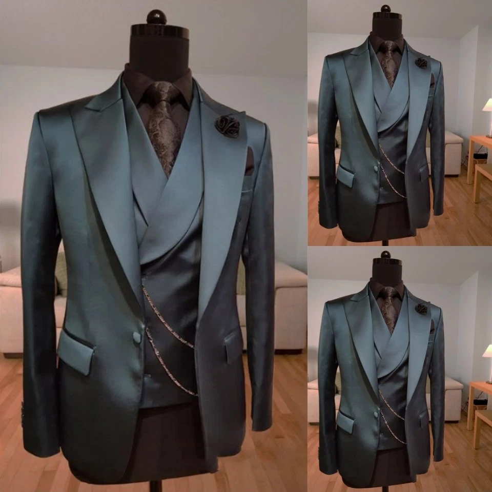 Trajes de satén para hombre solapa pico noche fiesta graduación boda novio esmoquin 3 piezas Foto 3 de 4