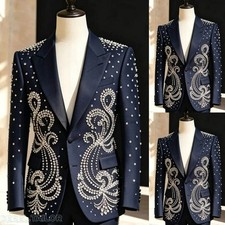 Sparkly Crystal Rhinestones Men Suits Formal Prom Wedding Stage Show Jacket