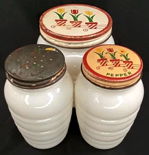 WWII Era Glass Range Set Fire King Ivory Tulip Grease Jar Shakers Made USA 1940s
