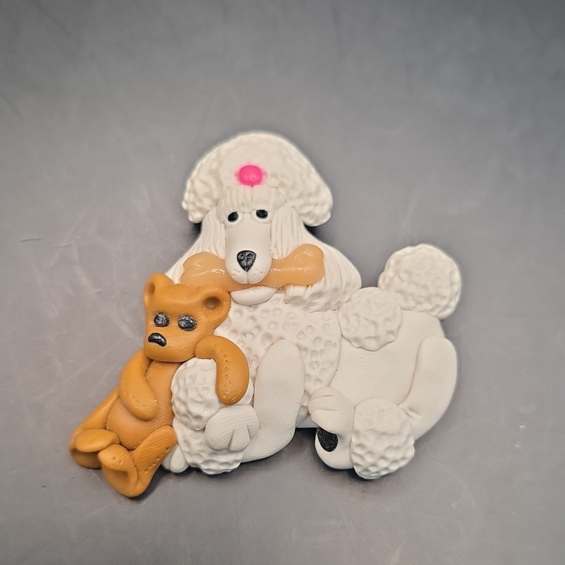 Plastic Poodle Dog Brooch Pin Pinback White Tan Pink Animals & Insects 3 in