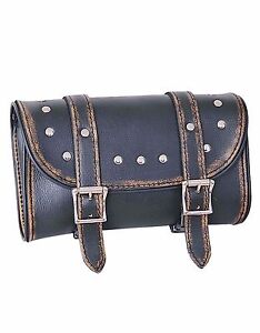 Studded Distressed Brown Genuine Leather Motorcycle Tool  