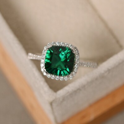 2.70 Ct Real Cushion Cut Emerald & Diamond Engagement Ring 14k Real White Gold