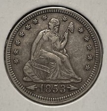 1853 25C Arrows & Rays Seated Liberty Quarter XF EF US COLLECTIBLE #012