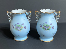 Vintage Pair Blue Matte Porcelain 6.5" Vases Raised Enamel Violets Gilt Handles