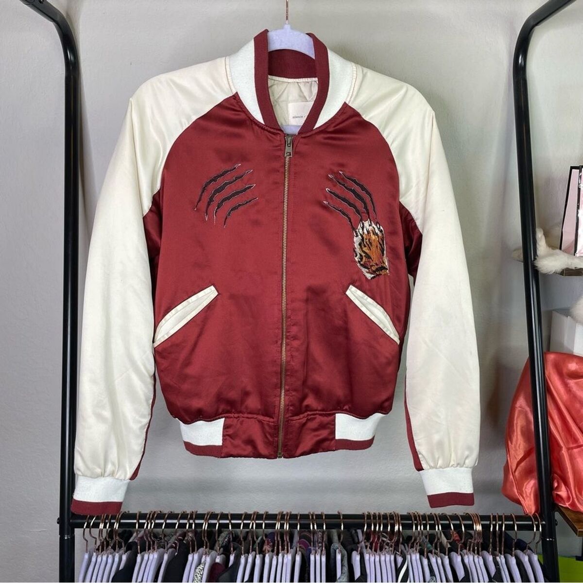 Silence & Noise Red Satin Embroidered Tiger Patch Bomber Silence & Noise Red Satin Embroidered Tiger Patch Bomber