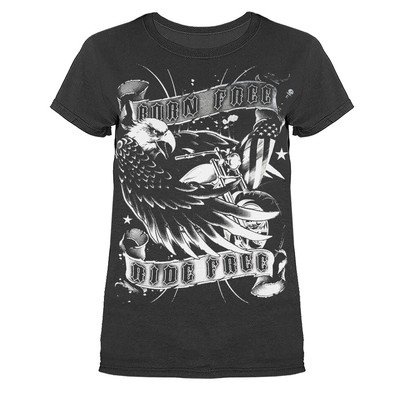 Born Free Ride Free Motorcycle Bikers Eagle Wings US Flag Womens Graphic T-shirt