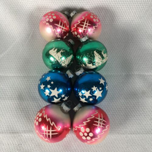 Lot of 8 Vintage Shiny Brite Christmas Ornaments Stencil Design Breen Blue Pink