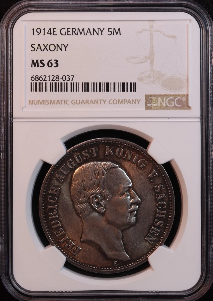 1914-E Germany Saxony "Friedrich August III" Silver 5 Marks -NGC MS63! Stunning! - Image 4 of 4