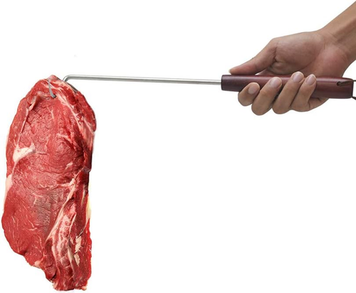 15 Inches Food Flipper - Stainless Steel BBQ Meat Turner Hook with Wooden Handle - Picture 4 of 12