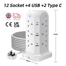 Tower Extension Lead 12 Socket 4 USB 2 Type C Indicator Surge Protection 2m long