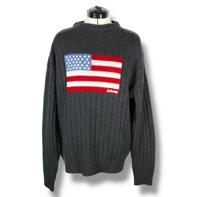 Vintage Schott Big USA Flag Strickpullover Herren XL grau schwerer Wollmix