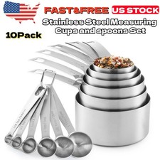 A Set of 10 New Stainless Steel Measuring Cups and spoons Set EASY SCOOPING