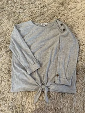 Set The Stage Top, 3/4 Sleeve, Round Neck, Tie Front Ribbed Gray Womens S