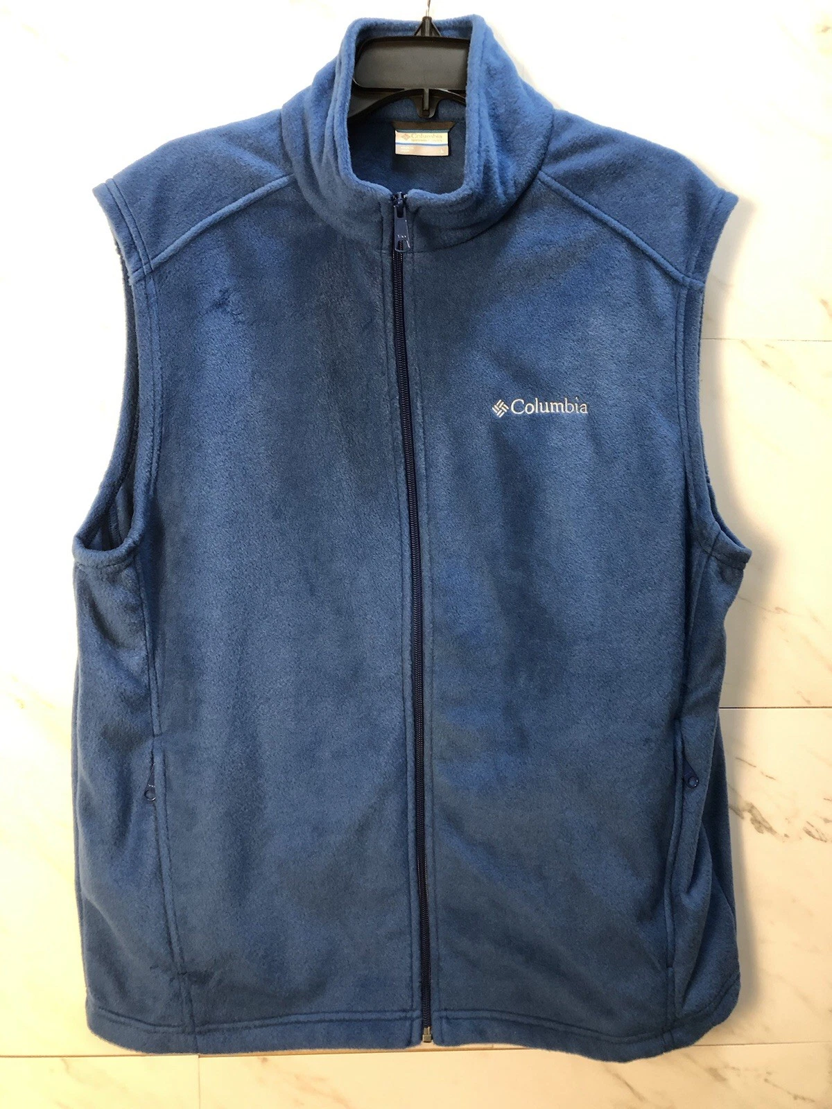 Columbia Fleece Vest Full Zip Men's Size Large Azure Bright Blue Mock Neck ~ EXC