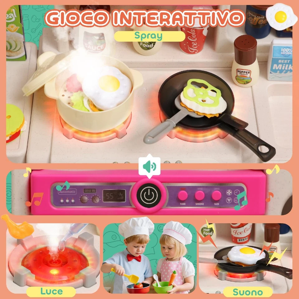 DecHome Cucina Giocattolo per Bambini 3-6 Anni 104 Accessori 52.5x22x100 cm Rosa - Immagine 4 di 4