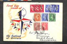 1951 FESTIVAL OF BRITAIN ILLUS FDC + LOW VALUE DEFINS &FESTIVAL LABEL WINDSOR DS