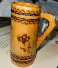 Vntg Hand Carved Wooden Mug Tankard With Handle   5.25  Ethnic Folk Art Decor B4