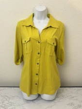 Style & Co Womens Button Down Top Sz M Yellow Roll Tab Long Sleeve Blouse E