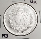 Mexico 1 Peso 1921 .720 Coin Silver, Low date-Key date, Un Peso Plata 720 Escaso — photo 1