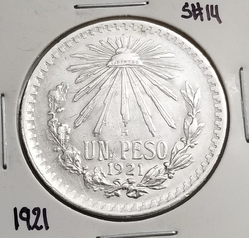 Mexico 1 Peso 1921 .720 Coin Silver, Low date-Key date, Un Peso Plata 720 Escaso