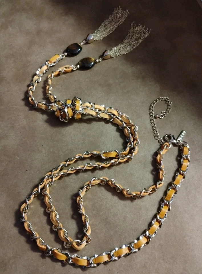 WHBM Casa Blanca/Mercado Negro Ojo de Tigre con Cinta Mostaza Borla Cadena Collar Foto 2 de 4