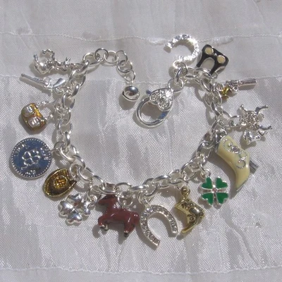 Bracelet argenté à 16 breloques 20cm fermoir mousqueton argenté CHEVALIÈRE - Photo 1/4