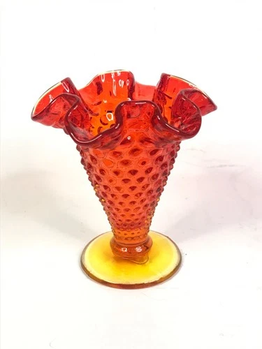 Fenton Amberina Hobnail Ruffled Trumpet Mini Bud Vase 3 3/4" Tall Vintage Glass