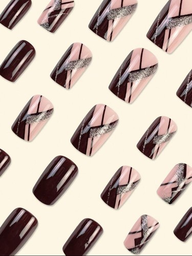 Press On Nails - 24pcs Squoval Burgundy Geometric Glitter Stick On False Nails - Picture 3 of 6