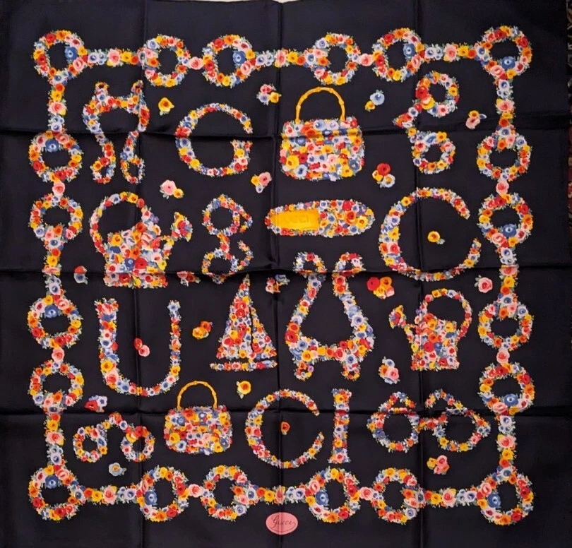 Gucci Silk Scarf Flower Letters Logo Pattern Navy