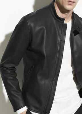 Men's Black Leather Jacket Pure Lambskin Biker Cafe Racer Leather Jacket