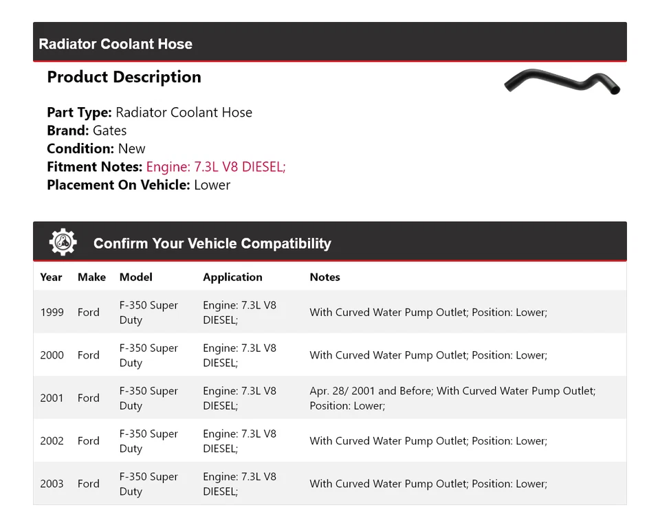 For 1999-2003 Ford F-350 Super Duty Radiator Coolant Hose Lower Gates 2000 2001 - Image 2 of 4