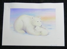 MERRY CHRISTMAS Polar Bear with Cub 10x7.5" Greeting Card Art X5048