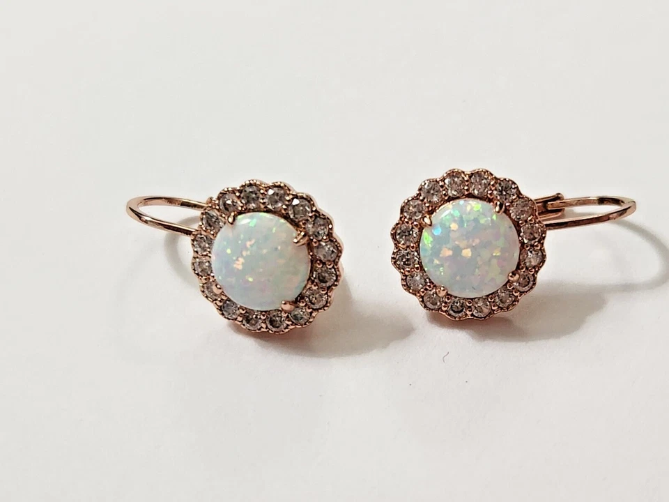 Conjunto de anillo filigrana dorado rosa laboratorio ópalo de fuego talla 7,5 pendientes perforados palanca trasera Foto 4 de 4