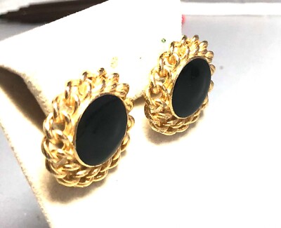 Vintage Black Lucite Bead Pierced Earrings Surrounded by Gold Tone like Chain Ro