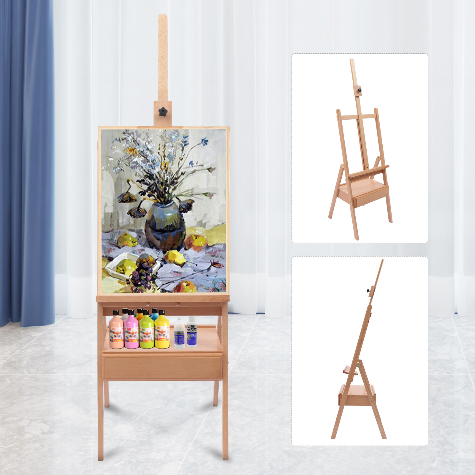 Chevalet d'atelier en bois de hêtre naturel avec pied réglable pour peinture à l'huile