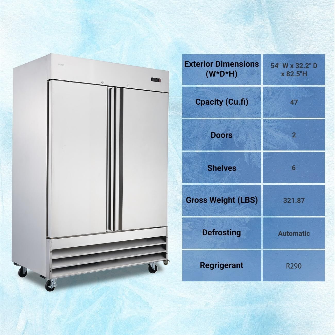 Smad Stainless Steel Commercial Freezer 47 Cu. Ft. Commercial Cooling  - 8 ℉~ 0℉