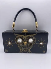 Vintage RARE Enid Collins 1967 *Night Owl”  Black Wooden Box Purse With Mirror