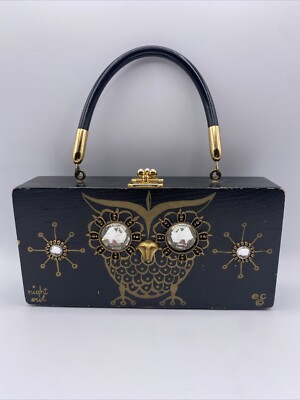 Vintage RARE Enid Collins 1967 *Night Owl” Black Wooden Box Purse