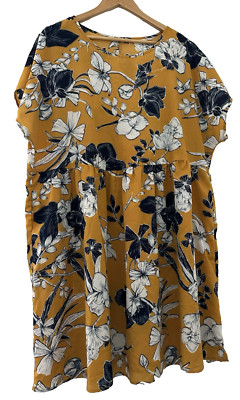 SHIEN.  SENFDRUCK TUNIKA KLEID/TASCHEN & FALLENDE ÄRMEL. GR 3XL