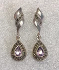 Vintage Sterling Silver Amethyst Marcasite Dangle Earrings 925 Natural 1.5" 7731