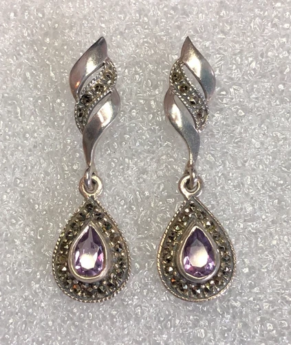 Vintage Sterling Silver Amethyst Marcasite Dangle Earrings 925 Natural 1.5" 7731