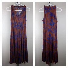 NWT Gap size Medium sleeveless midi length tiered dress rust brown blue print