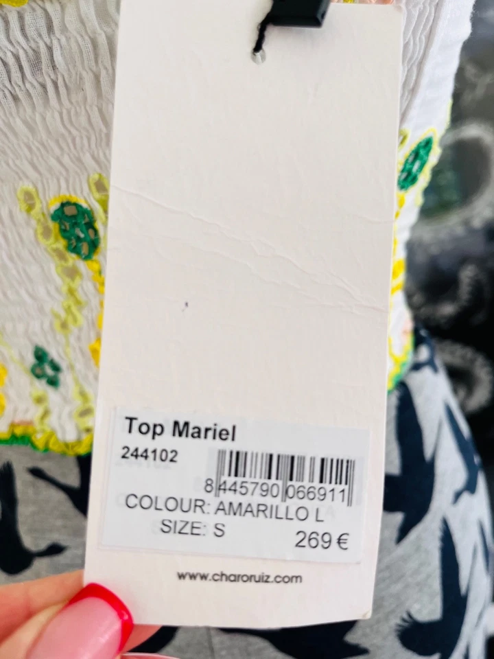 Charo Ruiz Mariel cream top floral embroidery & green ric-rac trim. RRP: £255. S - Image 4 of 4