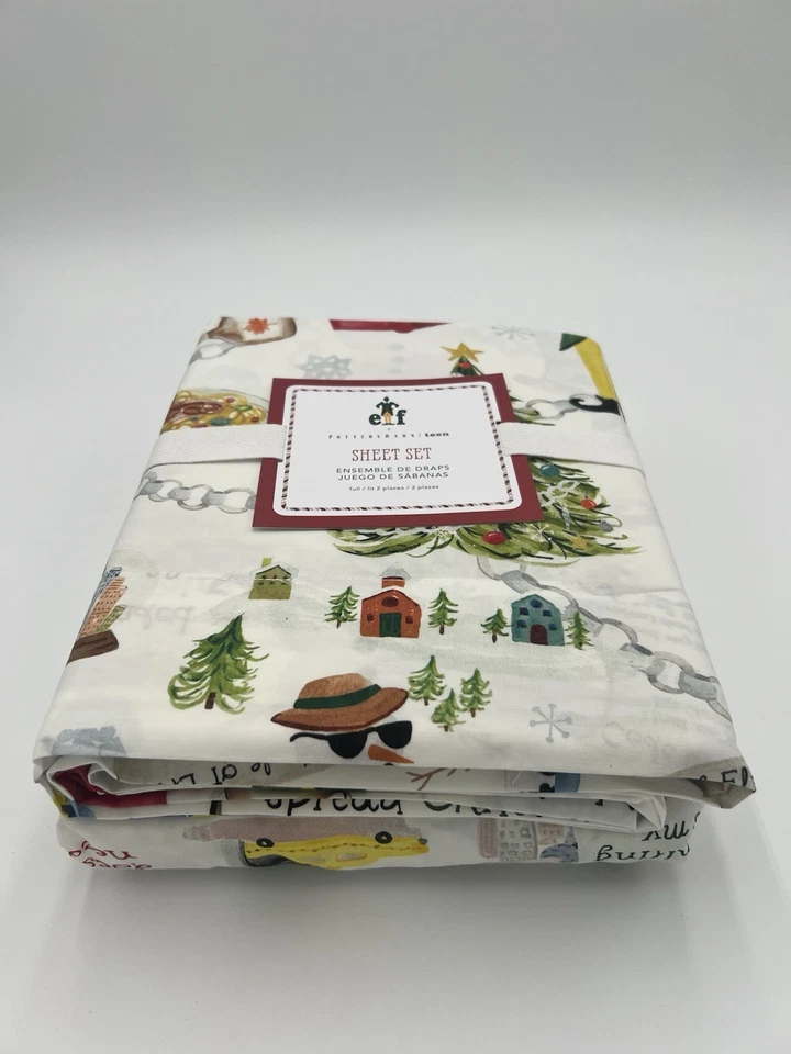 Juego de sábanas Pottery Barn Teen Elf™ - Tamaño completo - Ropa de cama navideña NUEVO Foto 3 de 4