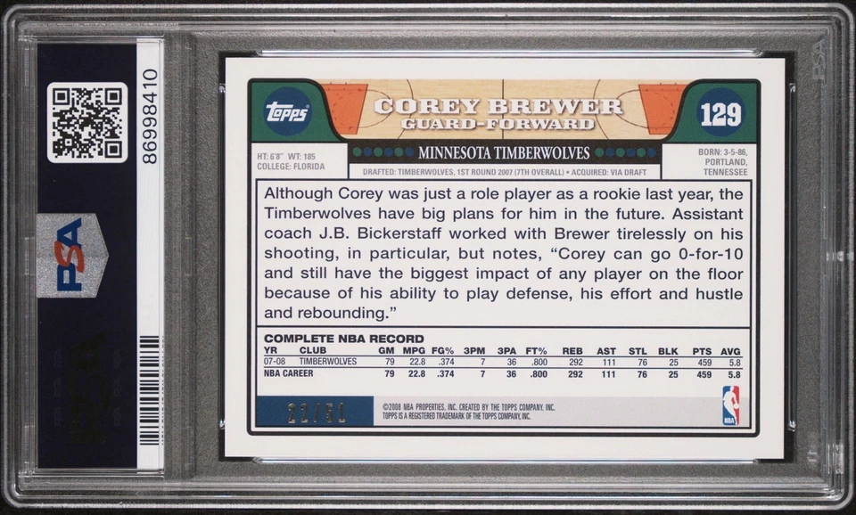 2008-09 Topps Black #129 Corey Brewer #/51 PSA 6 EX-MT MINNESOTA TIMBERWOLVES - Image 2 of 2