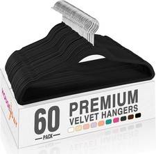 HOUSE DAY 60pk Black Velvet Hangers Non-Slip Slim Space Saving Rotating Hook